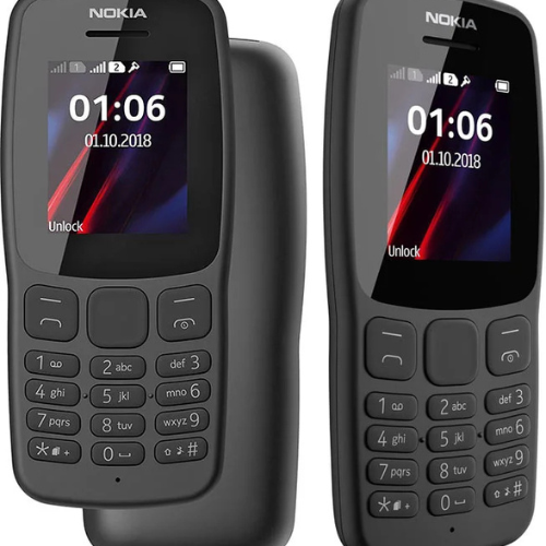 Two black Nokia mobile phones side by side on a white background