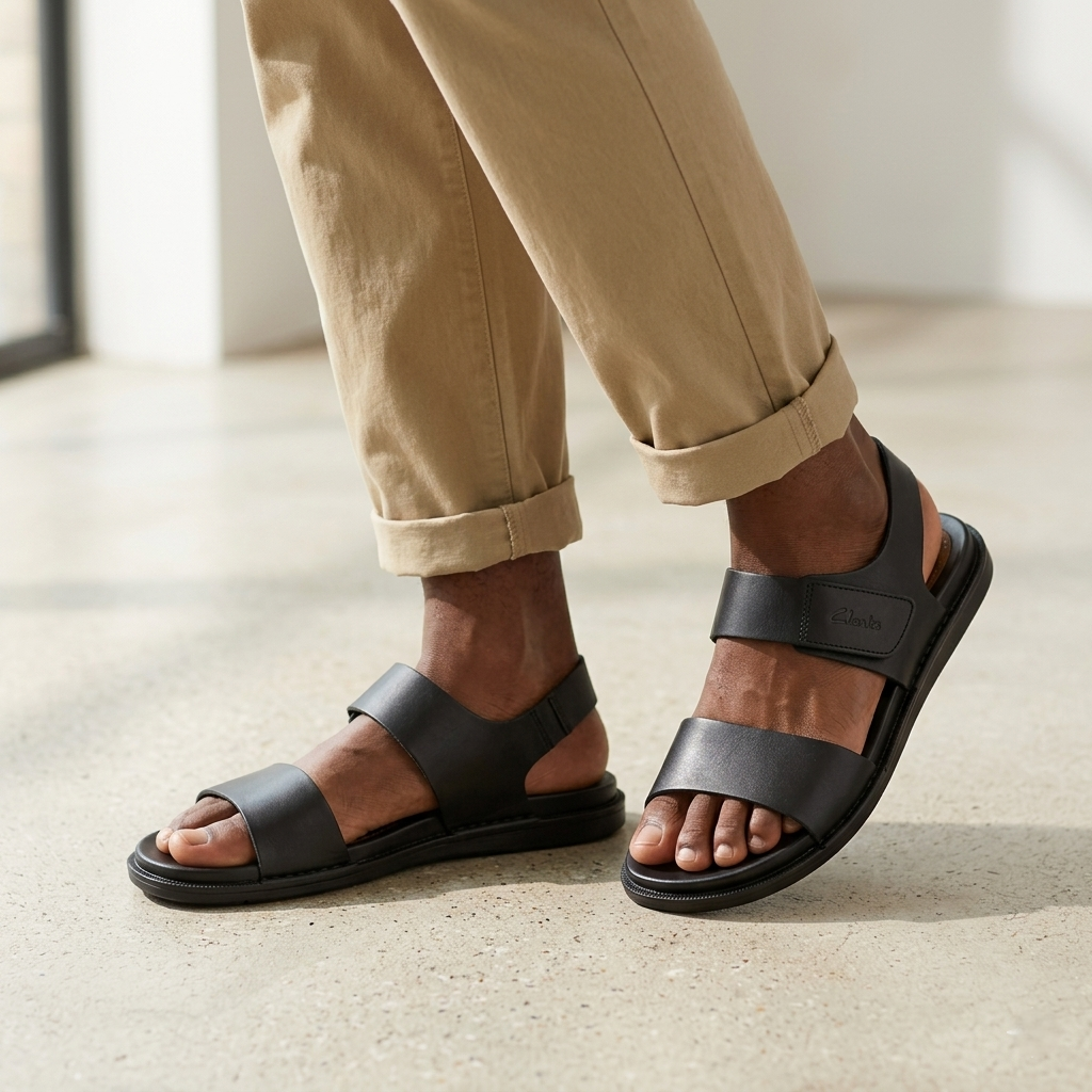 Person wearing black sandals with brown soles on a light background