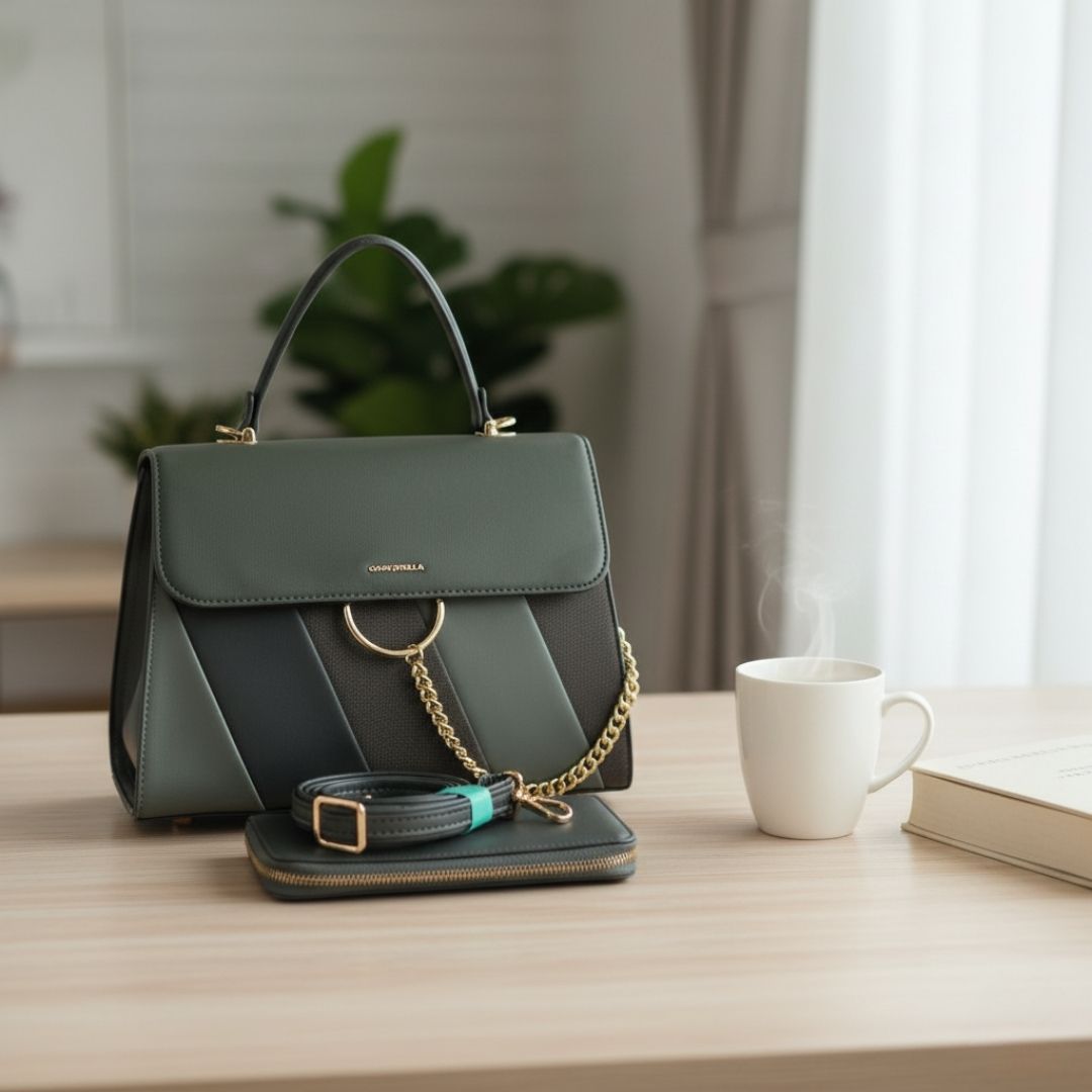 Green handbag on a wooden surface with a cup and book in the background