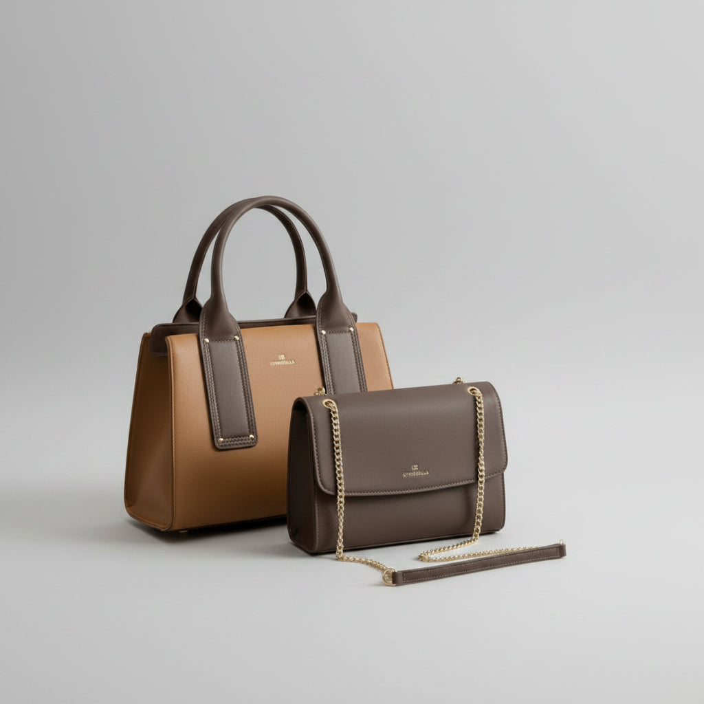 Two handbags on a table with a cup of coffee and book in a blurred indoor setting