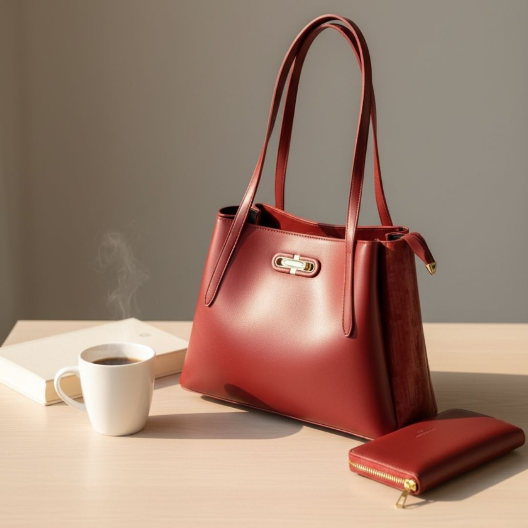 Red handbag with matching wallet on a table with a cup of coffee and book.