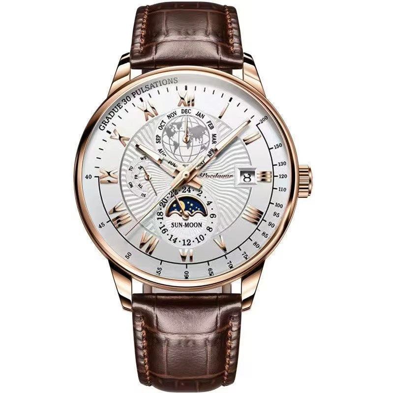 Luxury wristwatch with brown leather strap and detailed face on a white background