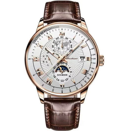 Luxury wristwatch with brown leather strap and detailed face on a white background