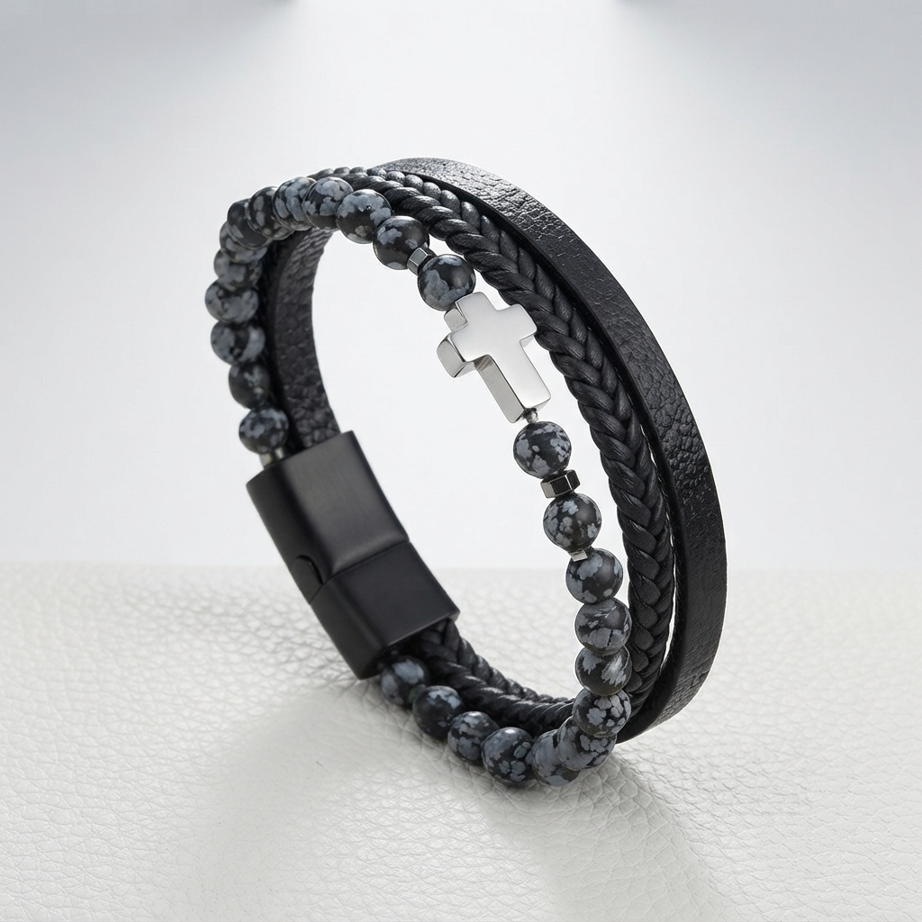 A multi-strand men's bracelet featuring a black leather band, a braided black cord, dark gray marbled beads, and a polished silver cross clasp, displayed on a light gray textured surface.
