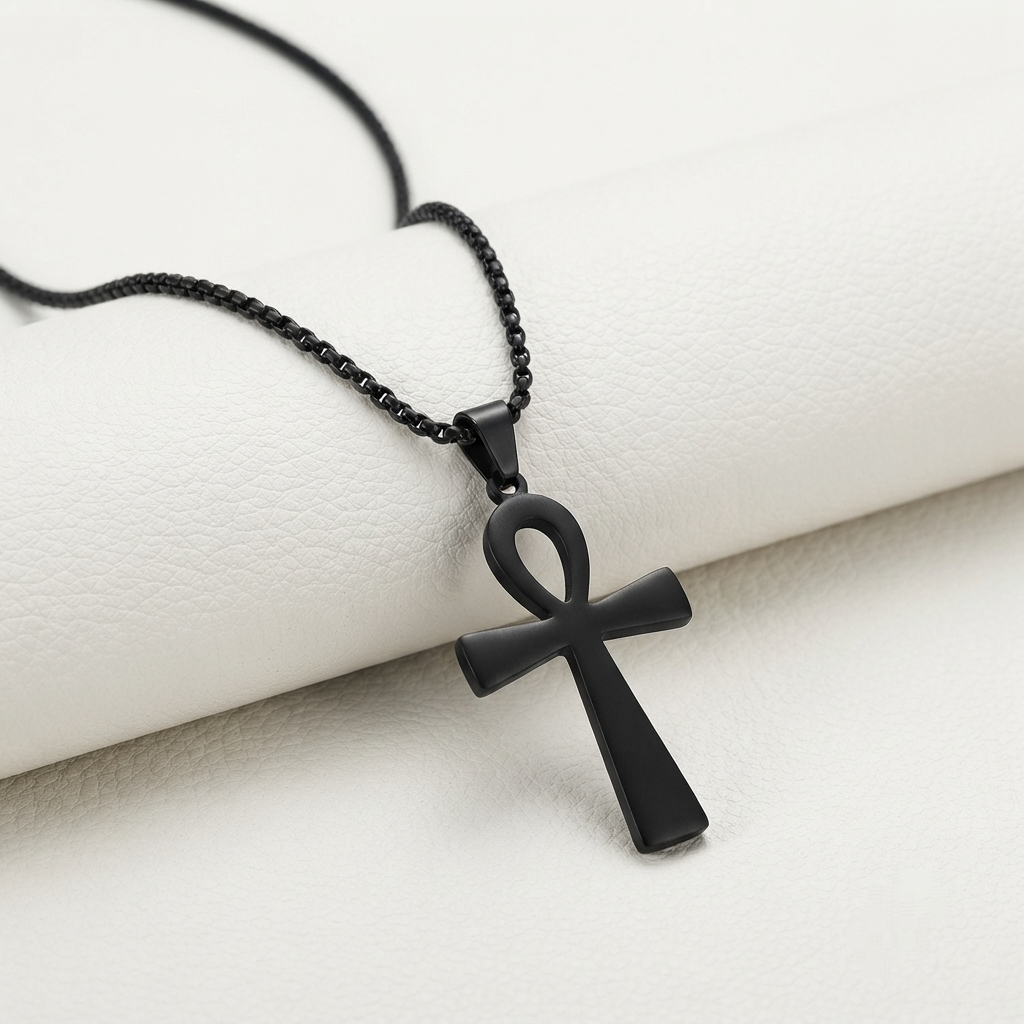 A matte black ankh cross pendant necklace on a black box chain, displayed on a textured white cylindrical prop.