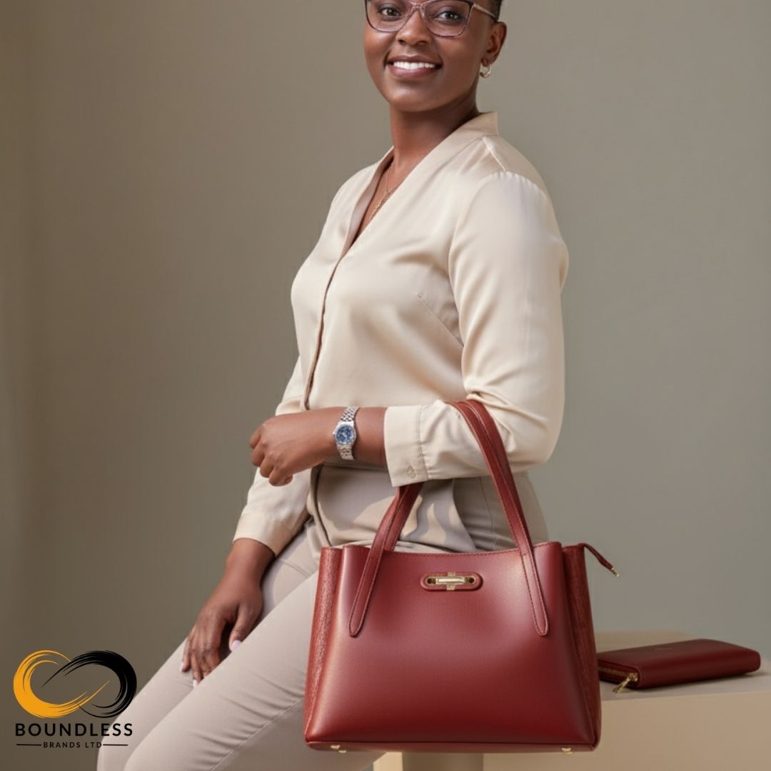 Woman holding a red handbag against a plain background