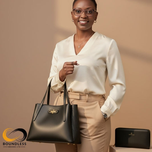 Woman holding a black handbag against a beige background