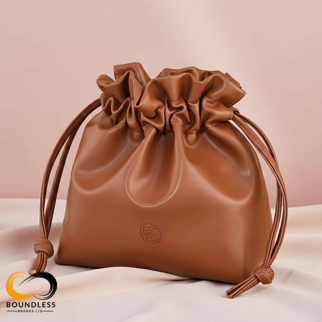 PU Leather Drawstring Makeup Travel Cosmetic Organizer -Brown