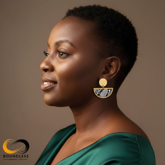 Woman wearing large, gold earrings with a geometric design against a brown background
