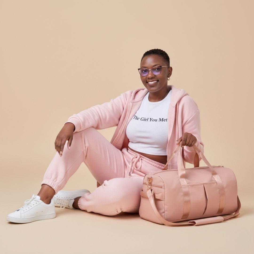 Woman in pink tracksuit with white text shirt, holding a pink duffel bag on a beige background