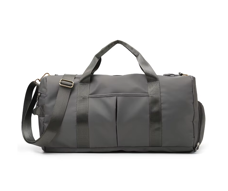 Gray duffel bag on a white background
