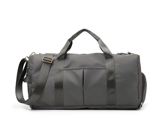 Gray duffel bag on a white background