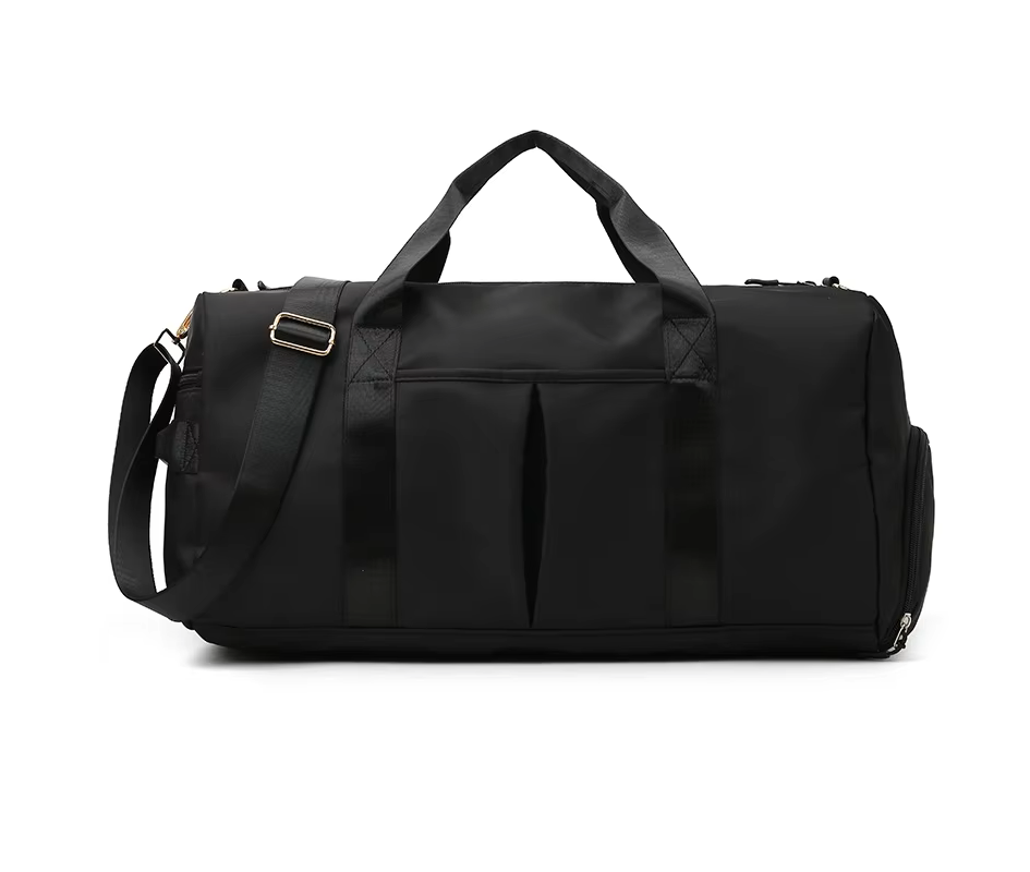 Black duffel bag on a white background