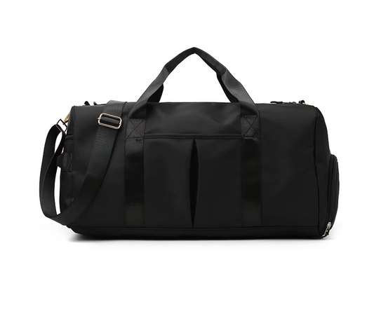 Black duffel bag on a white background