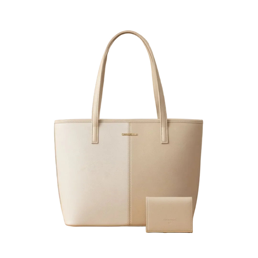 Beige handbag and wallet set on a wooden surface with a blurred background