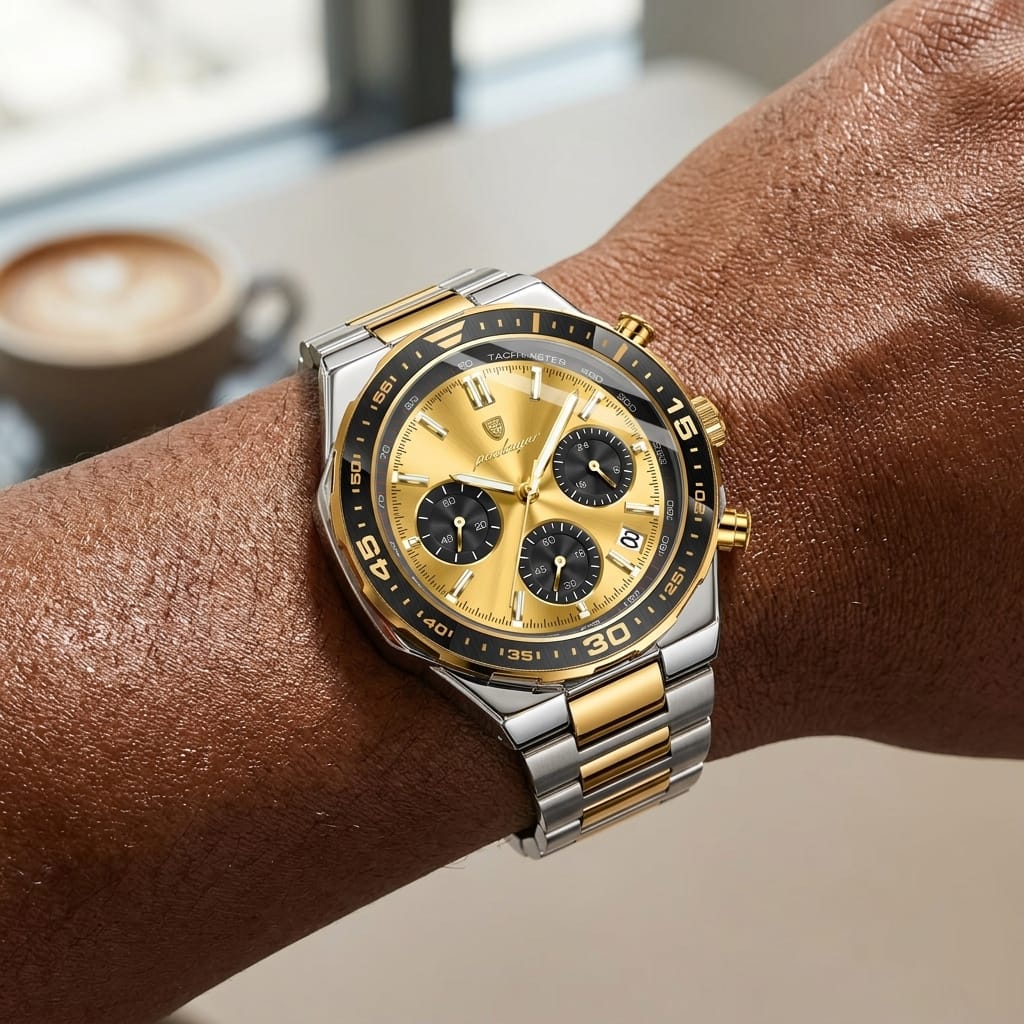 Gold and silver watch on a wrist with a blurred background