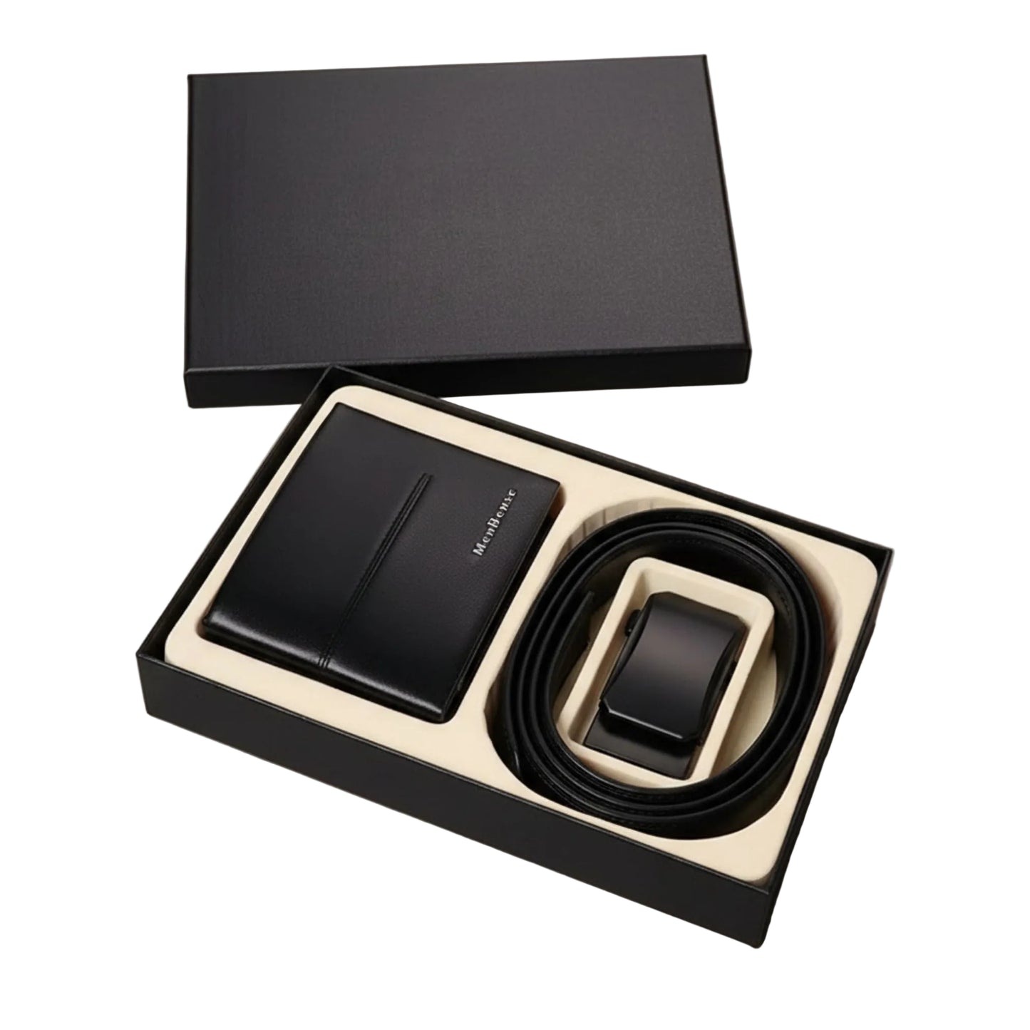 Black leather wallet and belt set in a box on a beige background