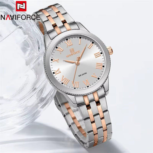 Naviforce watch with silver and rose gold band on a white background