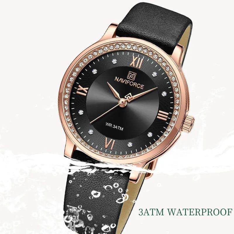 Black and rose gold Naviforce watch with water resistance feature on a white background