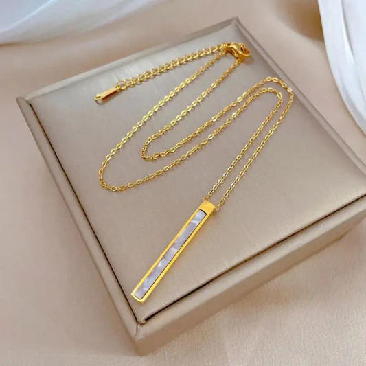 Gold Bar Pendant Necklace with Mother-of-Pearl Inlay