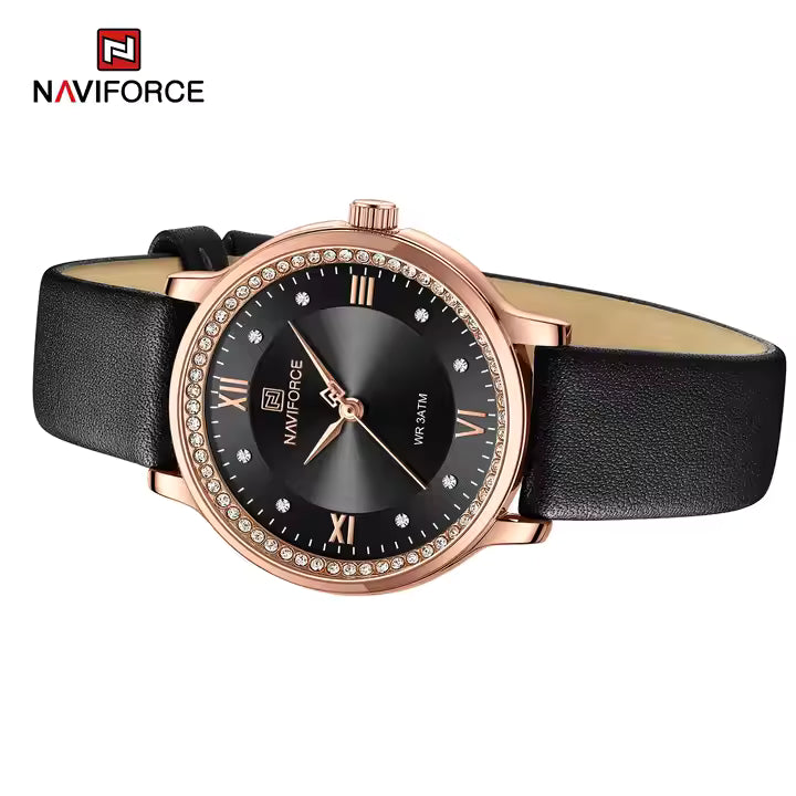 Naviforce watch with black strap and rose gold case on a white background