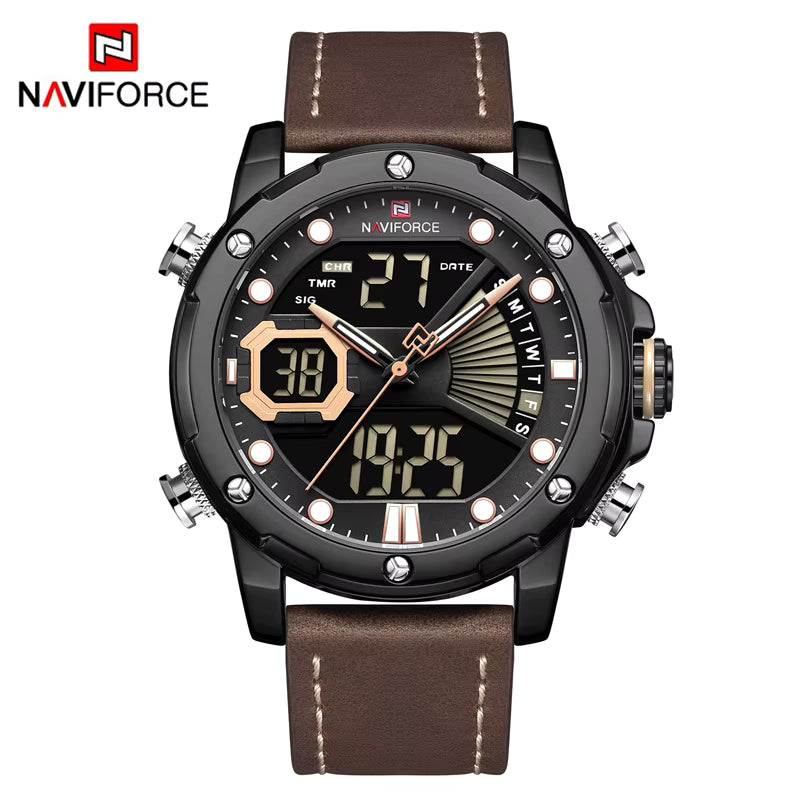 Naviforce watch with brown leather strap on a white background