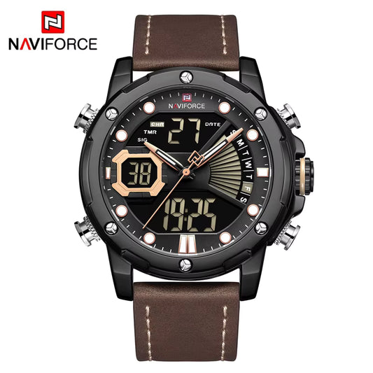 Naviforce watch with brown leather strap on a white background