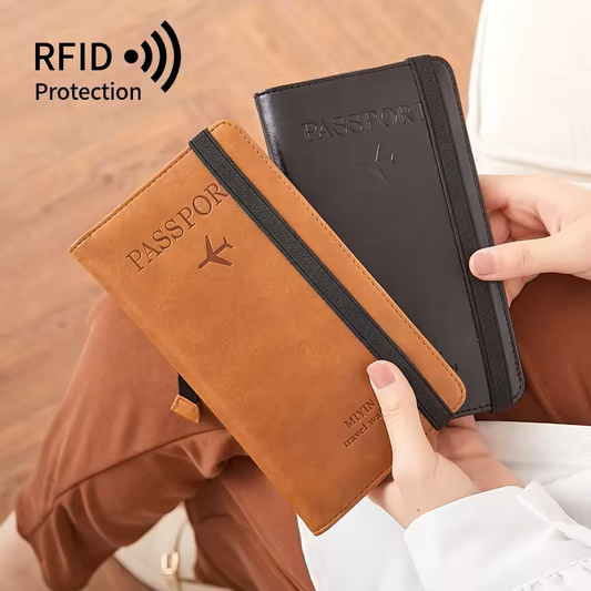 Brown passport holder with 'Passport' text held by a person, with 'RFID Protection' label.