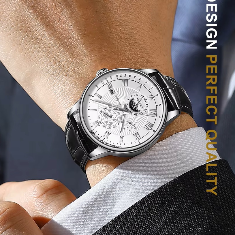 Close-up of a person wearing a detailed wristwatch with text 'Design Perfect Quality' on the side.