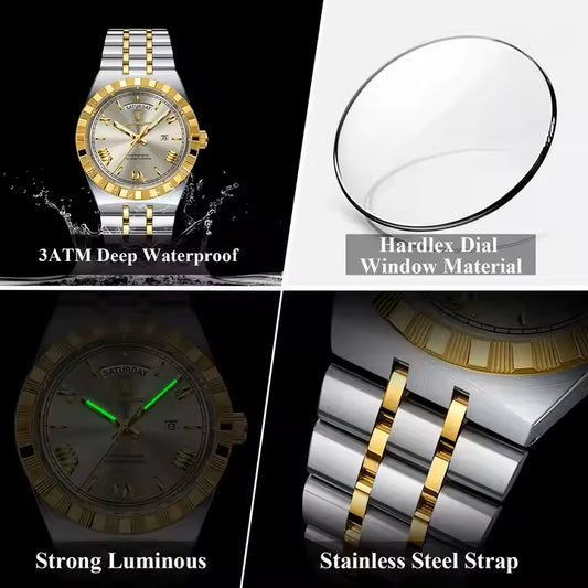 Collage of a watch with features highlighted on a black background