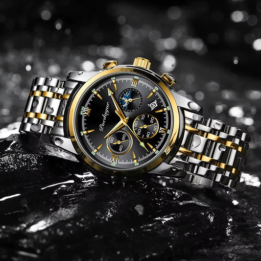 Luxury watch with gold and silver band on a dark background