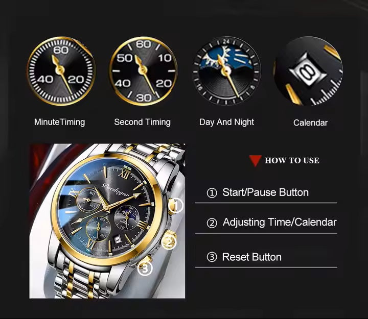 Wristwatch with detailed face and metallic band, featuring various functions on a black background.