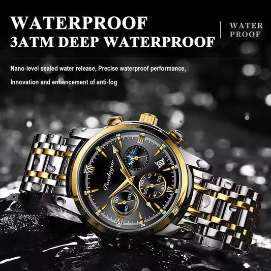 Waterproof watch with metallic band and detailed face on a water-themed background