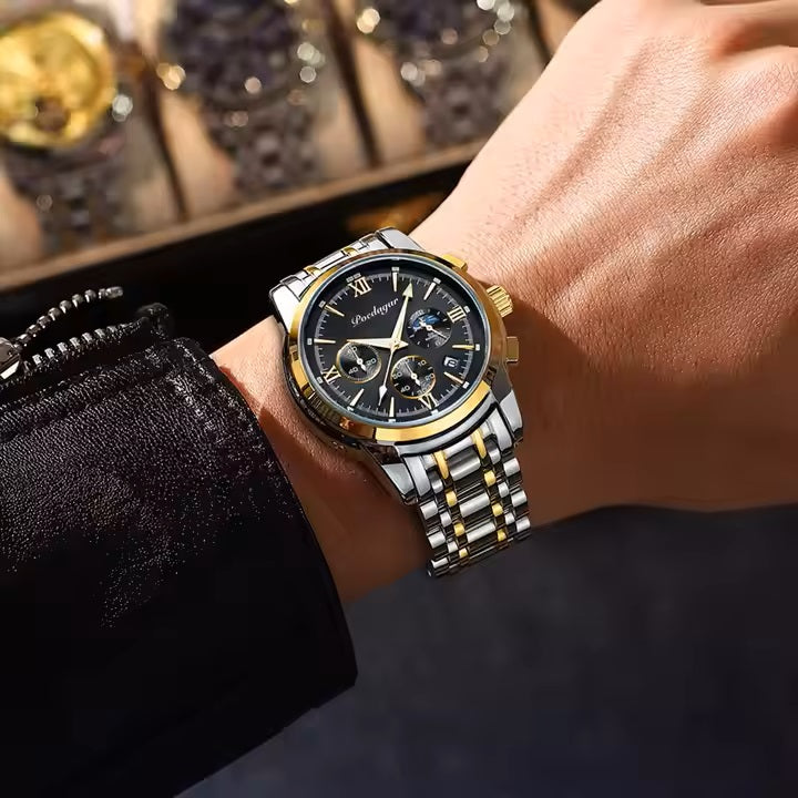 Luxury watch on a person's wrist with a blurred background