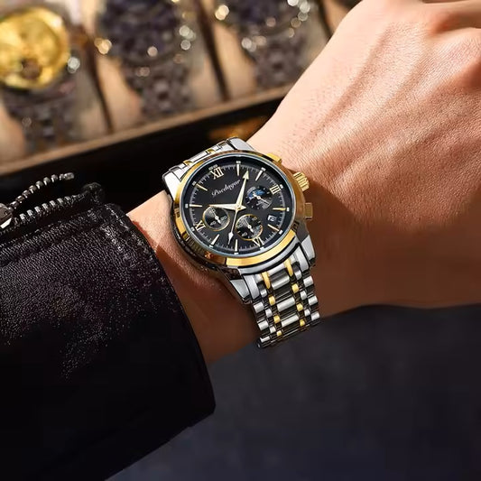 Luxury watch on a person's wrist with a blurred background
