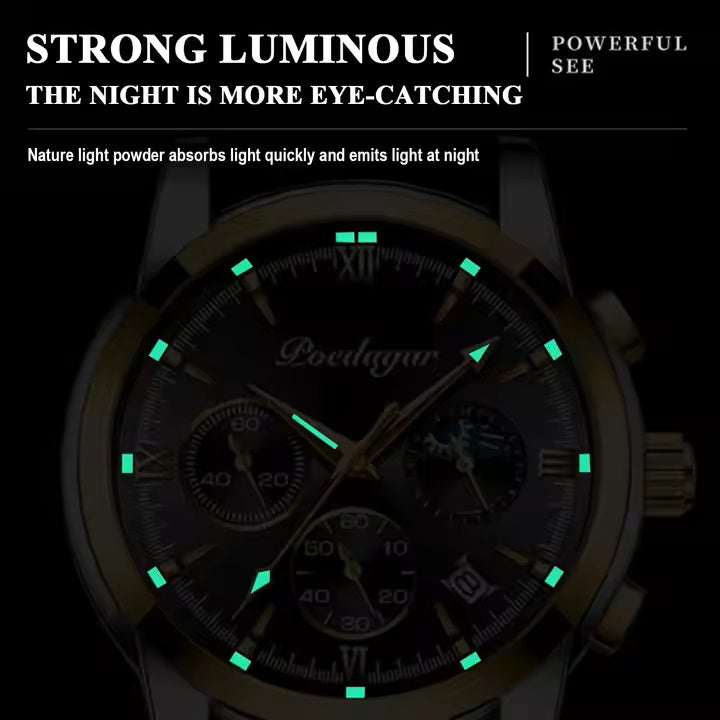 Watch with glowing green markers on a black background, emphasizing its luminous feature.