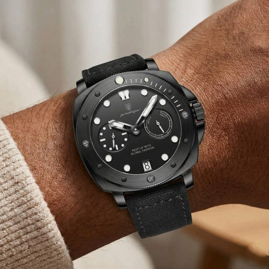 Black wristwatch with detailed face on a person's wrist against a neutral background