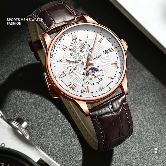 Luxury men's watch with brown leather strap and detailed face on a textured surface.