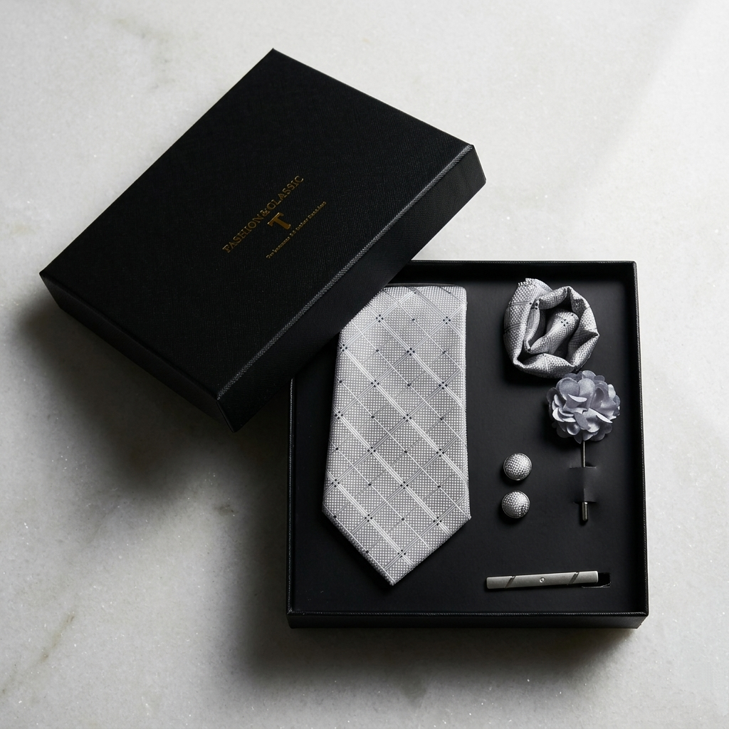 5-in-1 Men’s Tie Gift Set – Tie, Pocket Square, Cufflinks & Lapel Pin