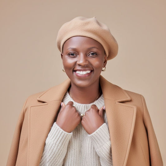Woman wearing a beige coat and beret against a beige background