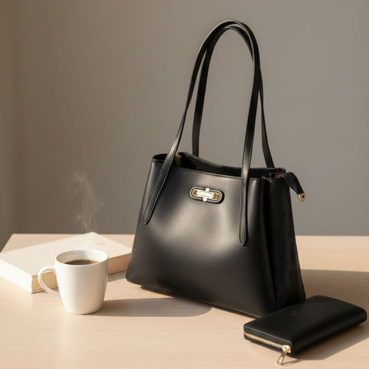 Black handbag with a matching wallet on a table with a cup of coffee and book.
