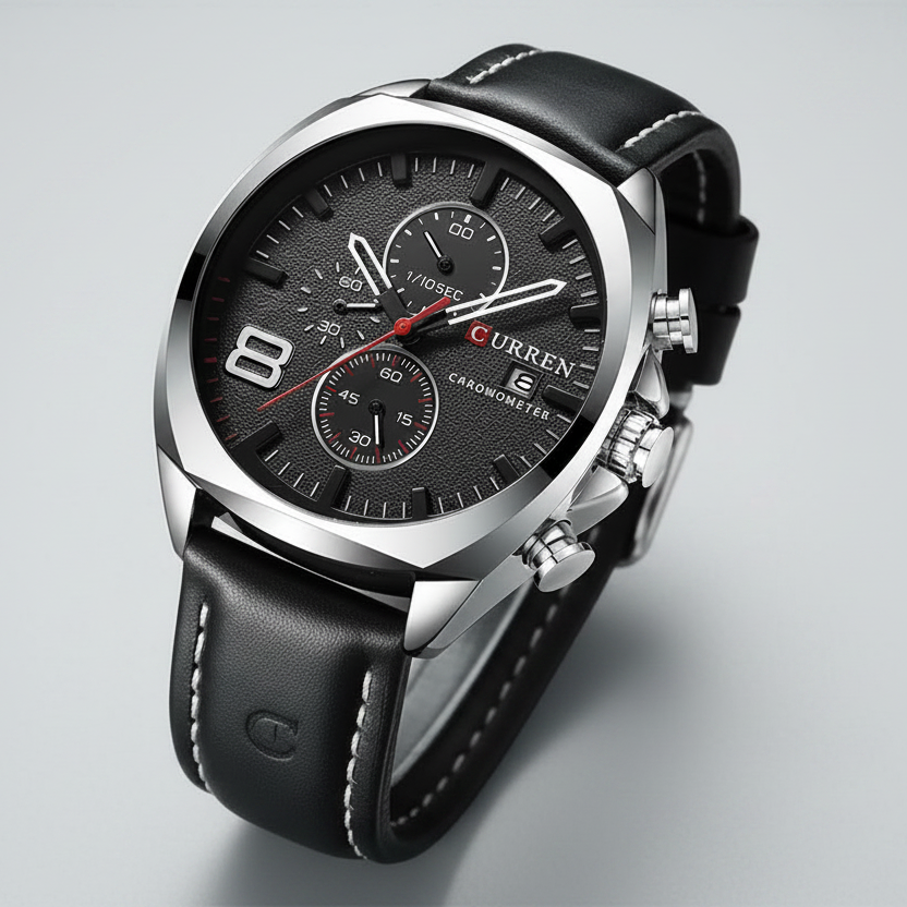 A men's chronograph wristwatch with a silver-tone stainless steel case, dark gray dial, red hands, and a navy blue leather strap with white stitching, shown on a dark textured surface.