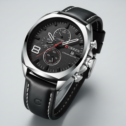 A men's chronograph wristwatch with a silver-tone stainless steel case, dark gray dial, red hands, and a navy blue leather strap with white stitching, shown on a dark textured surface.