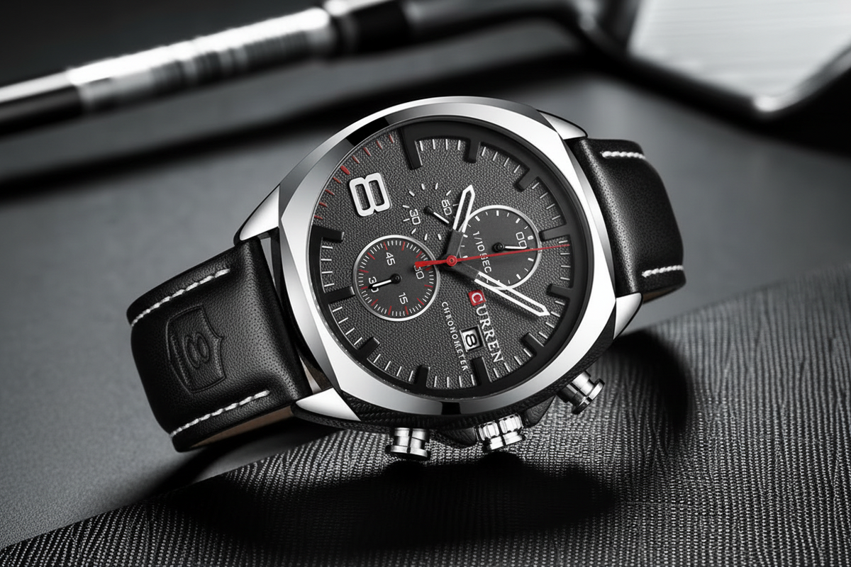 Wristwatch with black leather strap and detailed face on a dark textured background