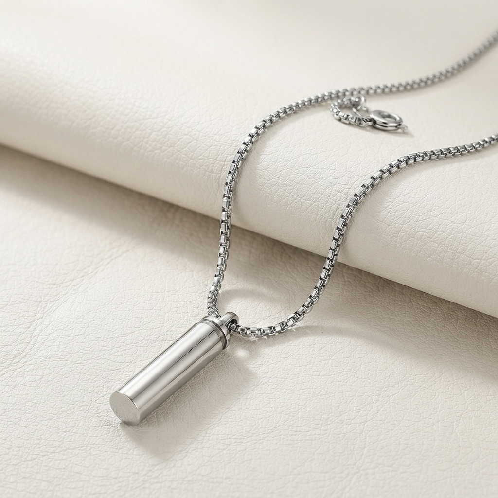 A silver cylindrical urn pendant necklace on a silver box chain, displayed on a textured cream-colored surface.