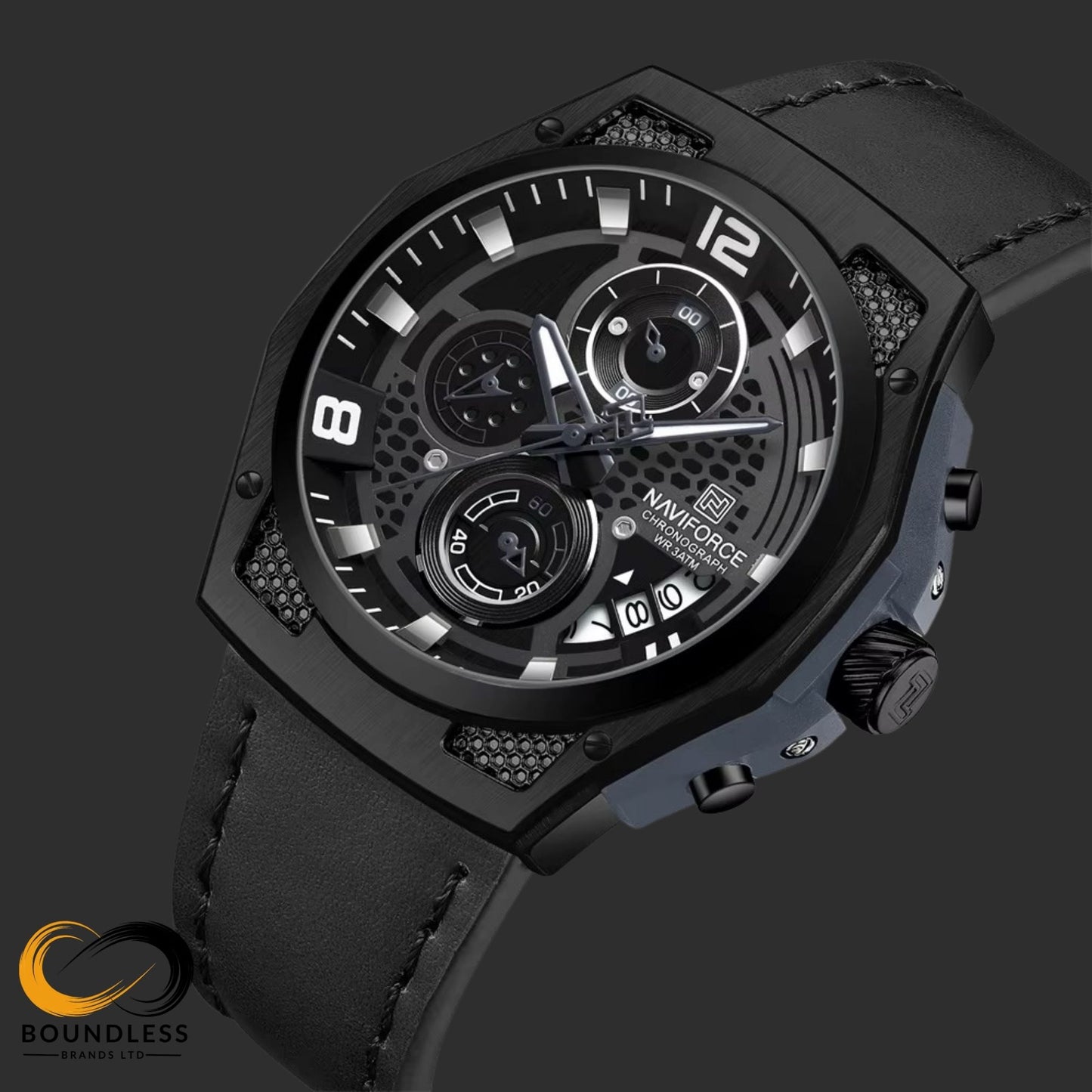 Black wristwatch with detailed face on a dark background