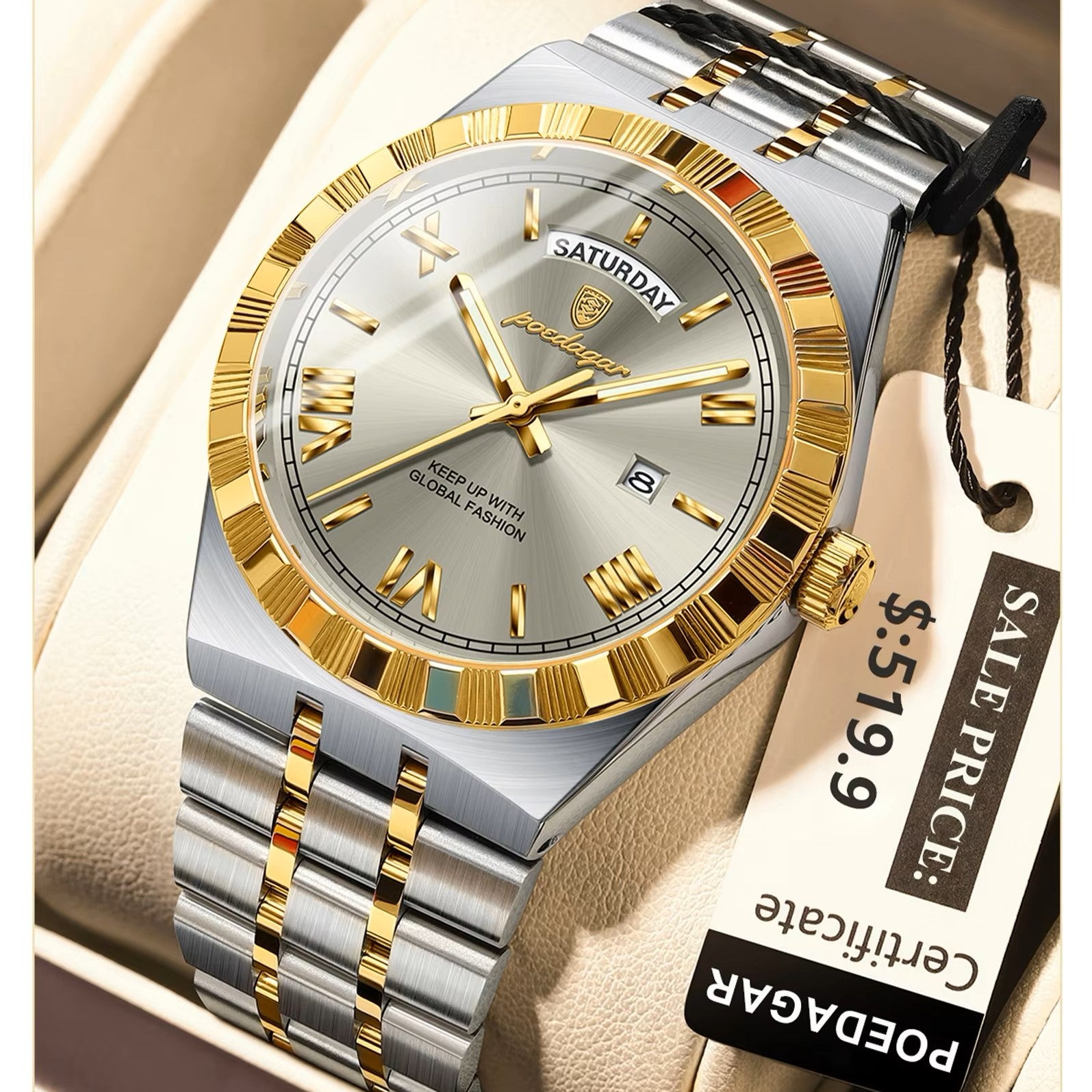 Silver and gold watch with a visible brand tag on a beige background