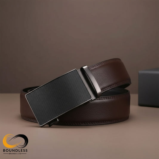 Brown leather belt with a black buckle on a brown background
