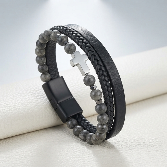Men's Leather Bracelet - Beaded Grey 21cm