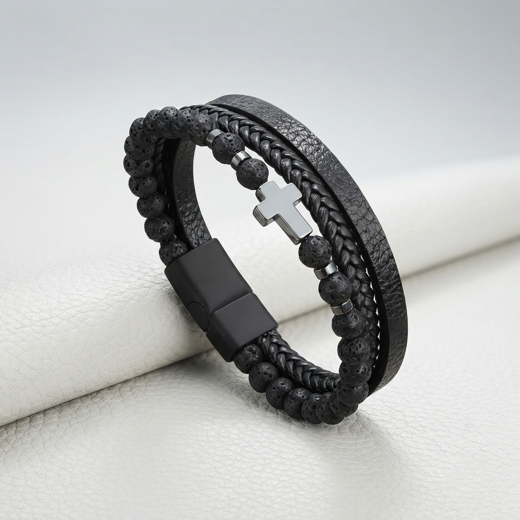 A black multi-strand bracelet featuring textured leather, braided cord, black beads, and a silver cross clasp, resting on a white textured surface.